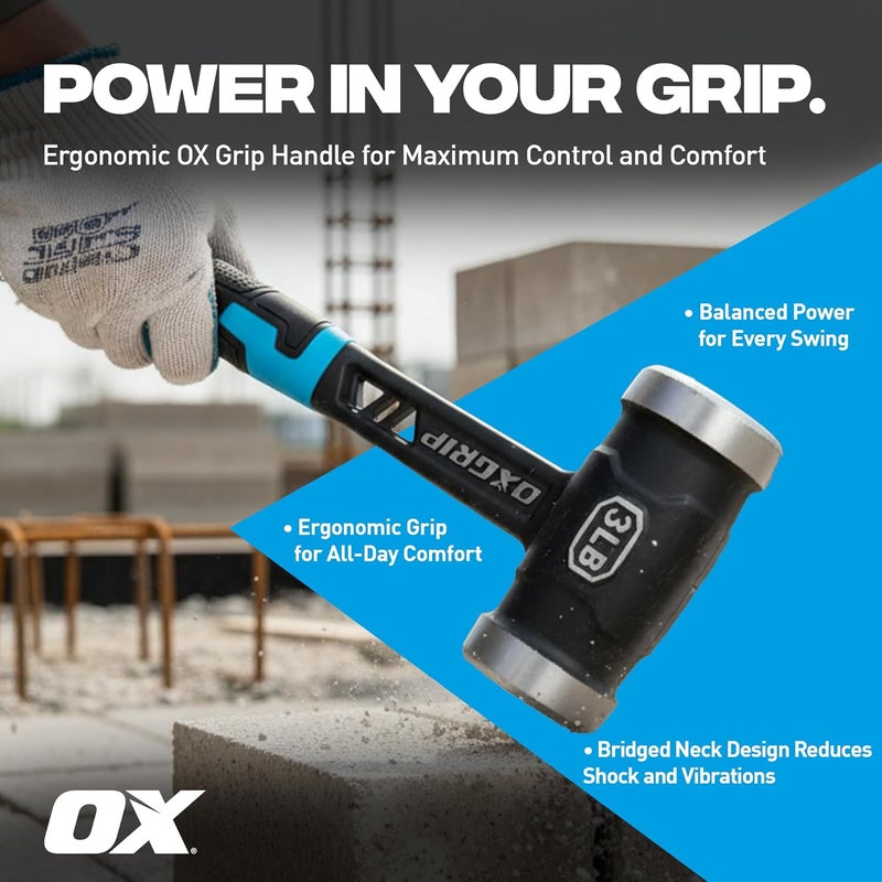 Ox Pro Ultrastrike 3lb Sledge Hammer with Vibration Dampening Bridged Neck and Ergonomic Non-Slip Grip - Ultimate Durability with One Piece Steel Club Hammer -P086803 Heavy Duty Sledge Hammer - Image 3